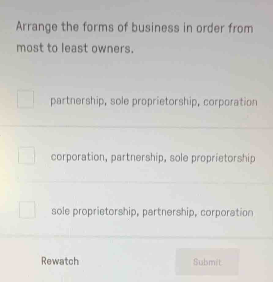 arrange the forms of business in order from most to least owners. partn…