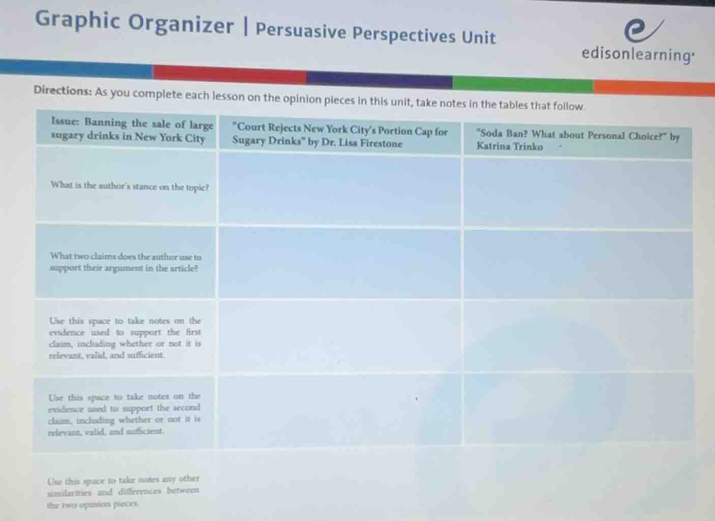 graphic organizer | persuasive perspectives unit edisonlearning directi…