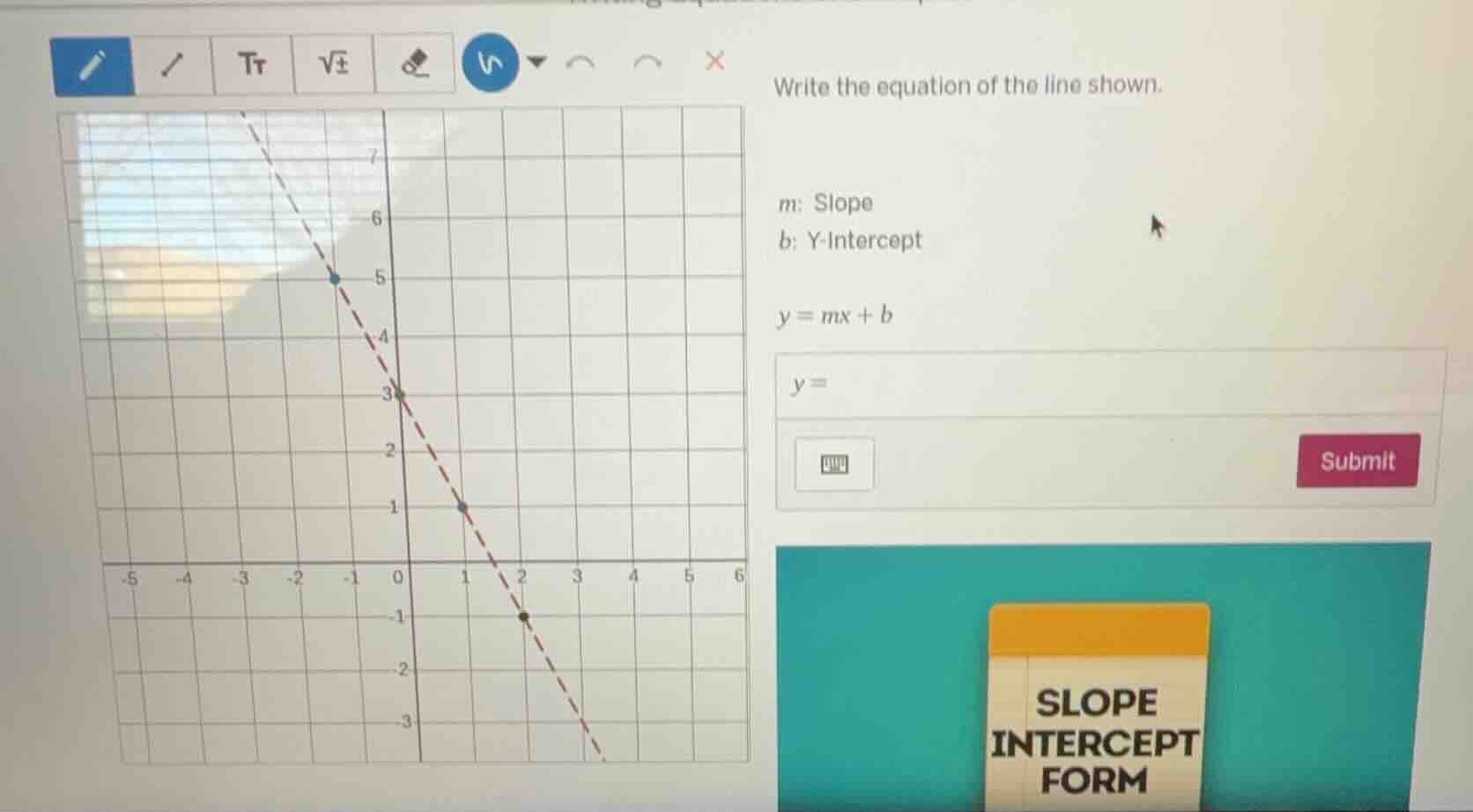 write the equation of the line shown. m: slope b: y - intercept $y = mx…