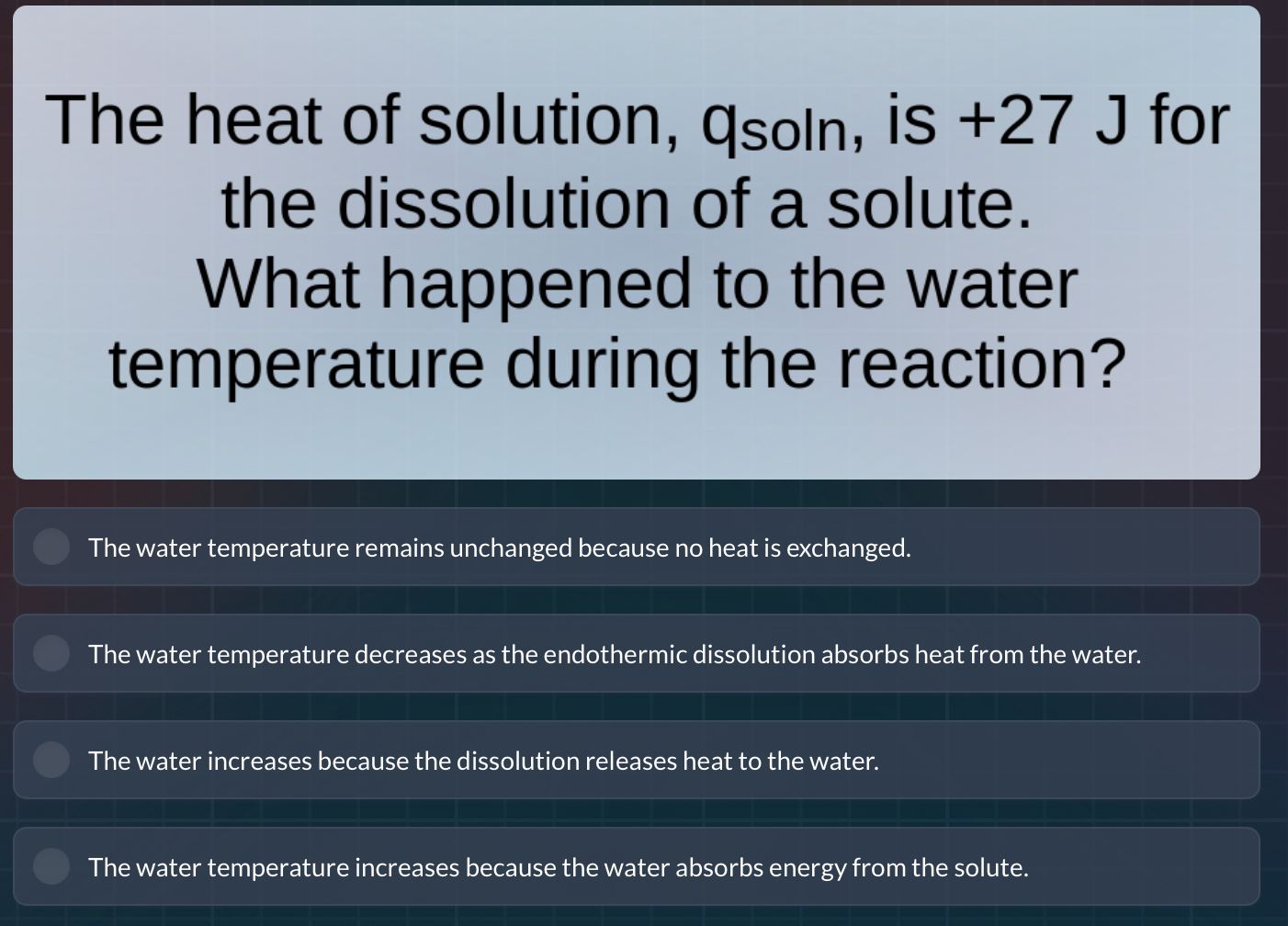 the heat of solution, $q_{soln}$, is +27 j for the dissolution of a sol…