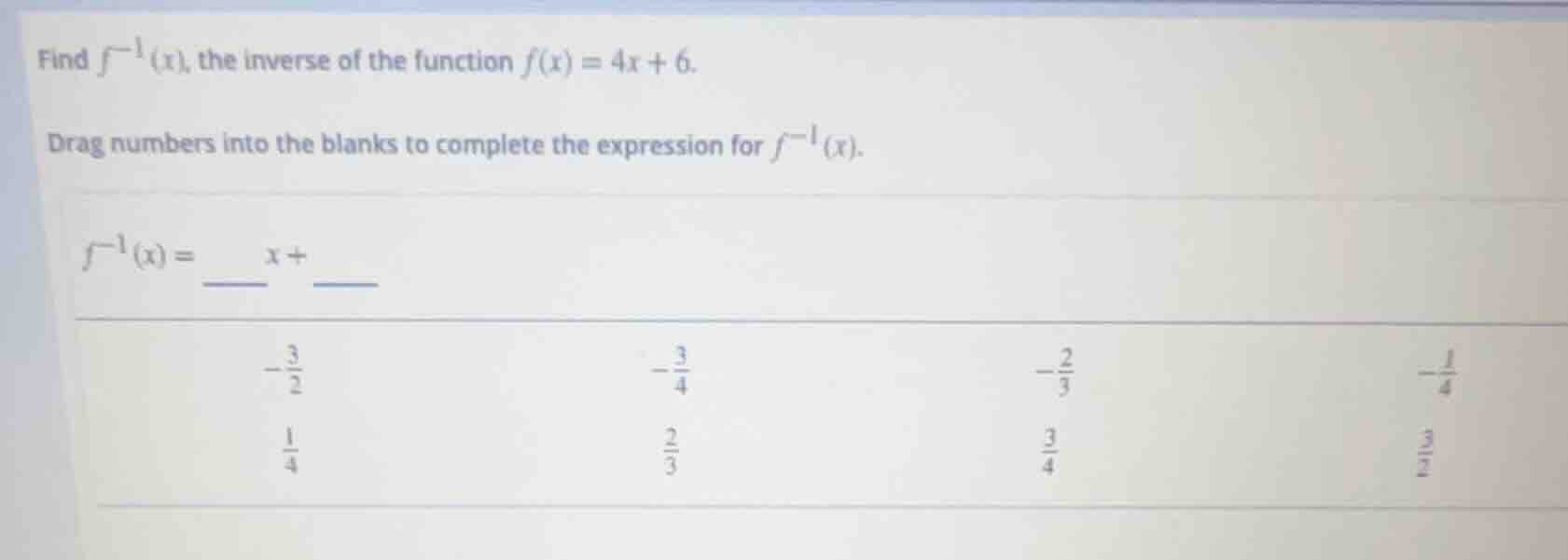 find $f^{-1}(x)$, the inverse of the function $f(x) = 4x + 6$. drag num…