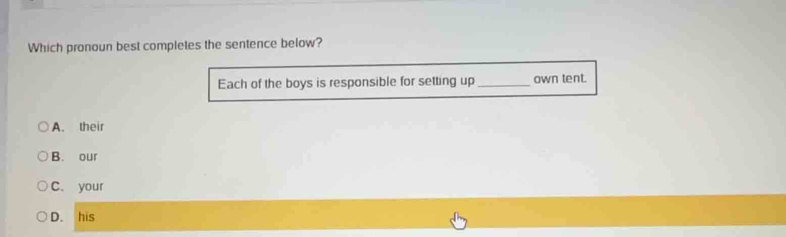 which pronoun best completes the sentence below? each of the boys is re…