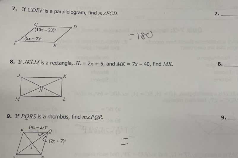 7. if cdef is a parallelogram, find ( mangle fcd ). 8. if jklm is a rec…