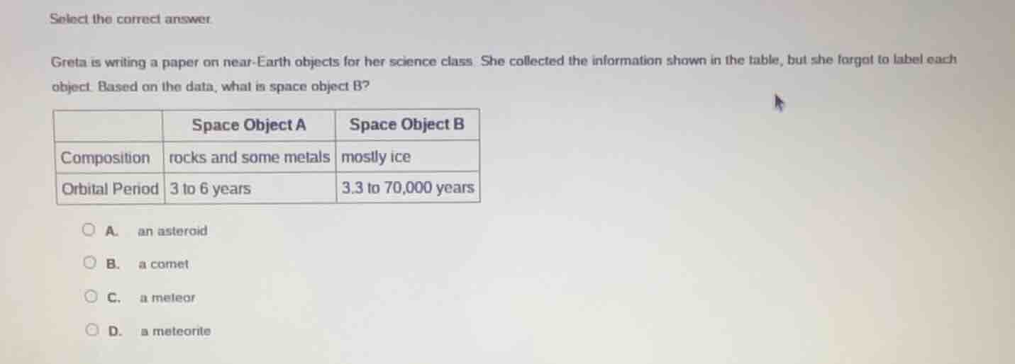 select the correct answer greta is writing a paper on near - earth obje…