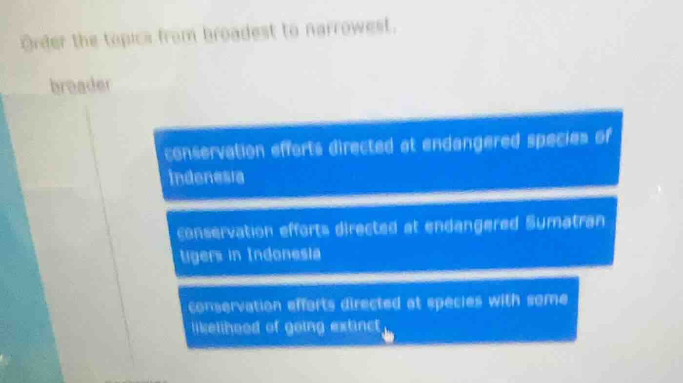 order the topics from broadest to narrowest. broader conservation effor…