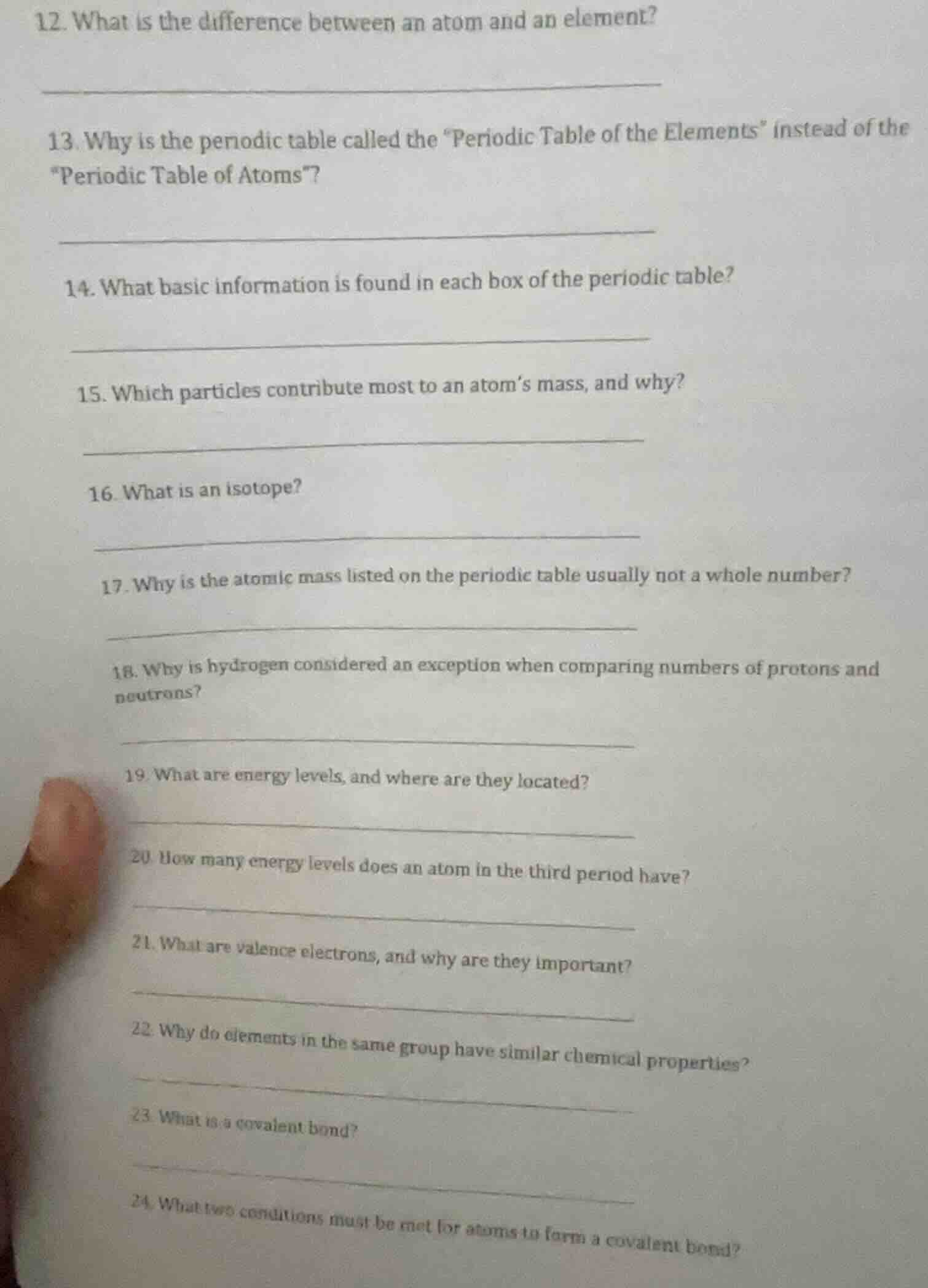 12. what is the difference between an atom and an element? 13. why is t…