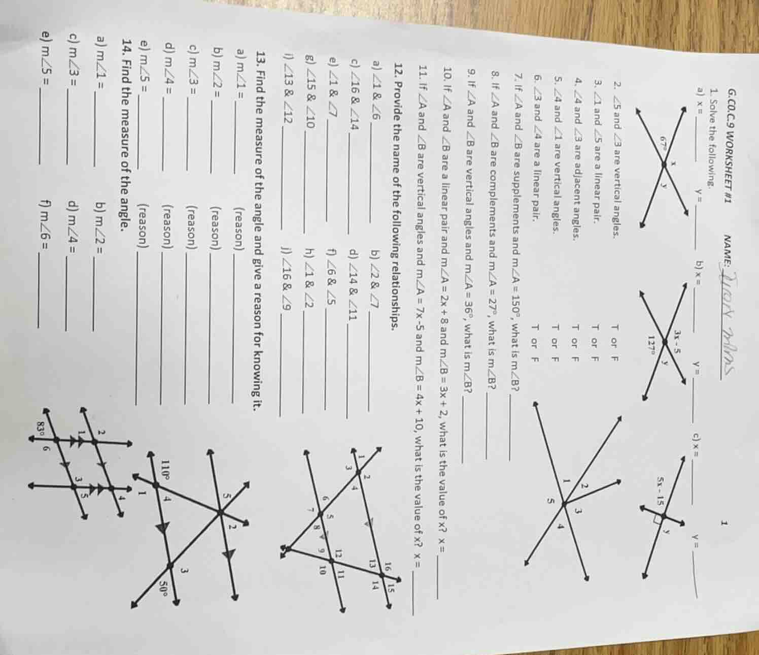 g.co.c.9 worksheet #1 name: 1. solve the following. a) x = y = b) x = y…