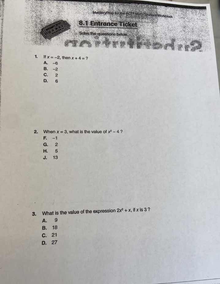 masteryprep for the act math student workbook 8.1 entrance ticket solve…