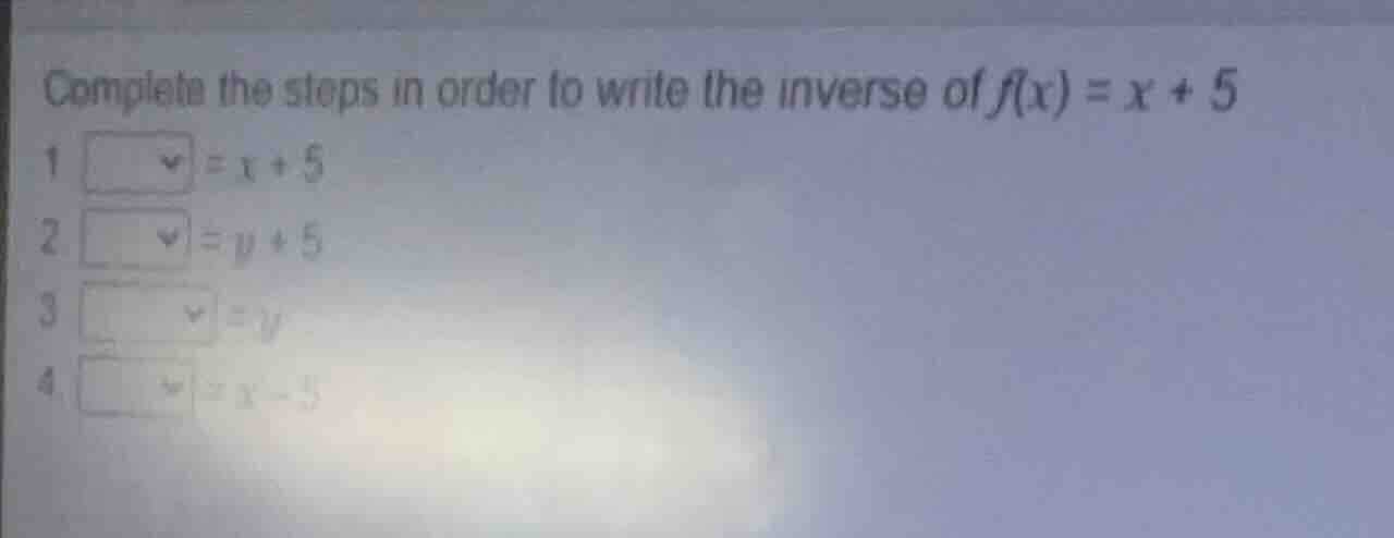 complete the steps in order to write the inverse of $f(x) = x + 5$ 1 $\…