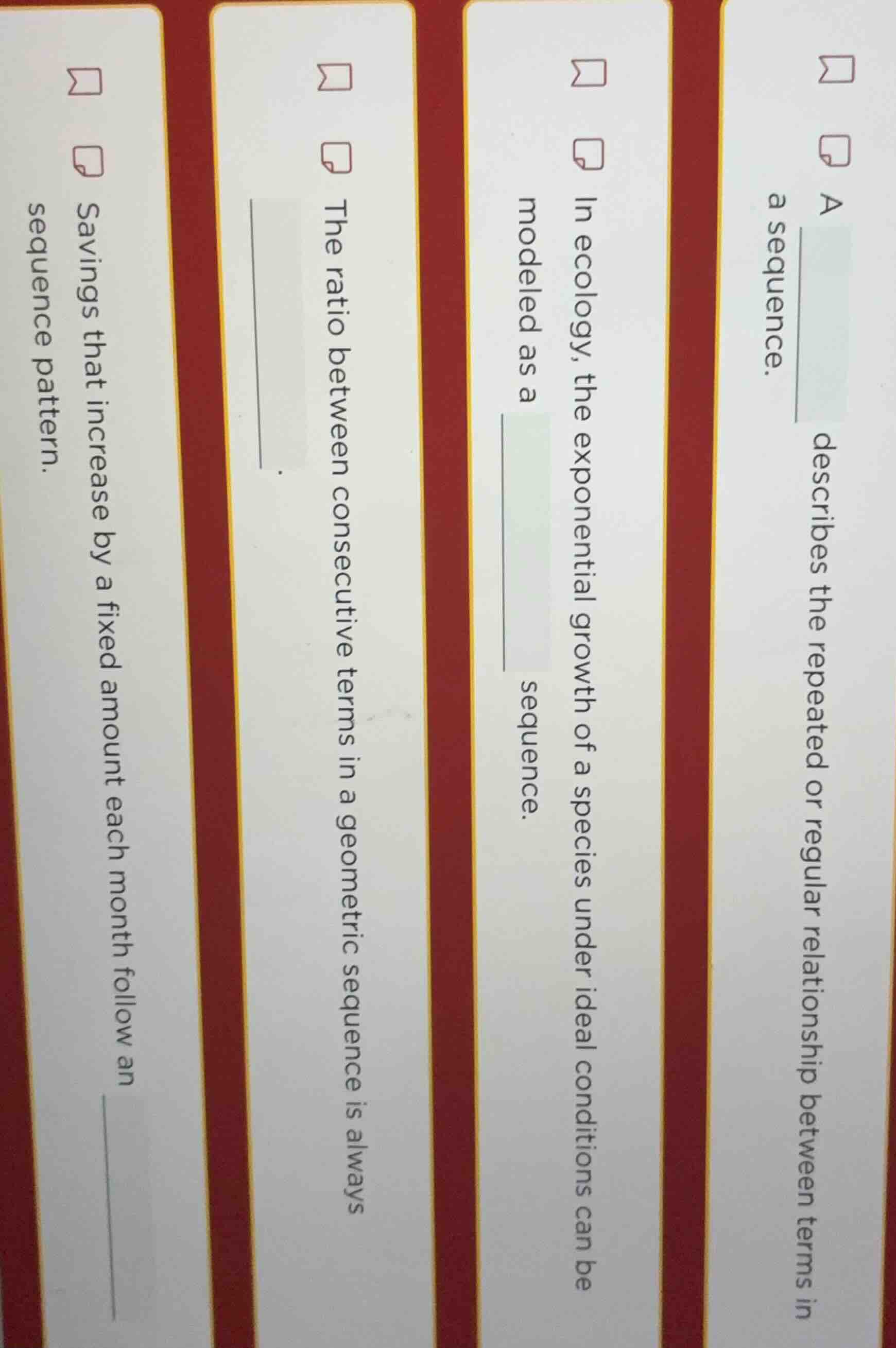 a ____ describes the repeated or regular relationship between terms in …