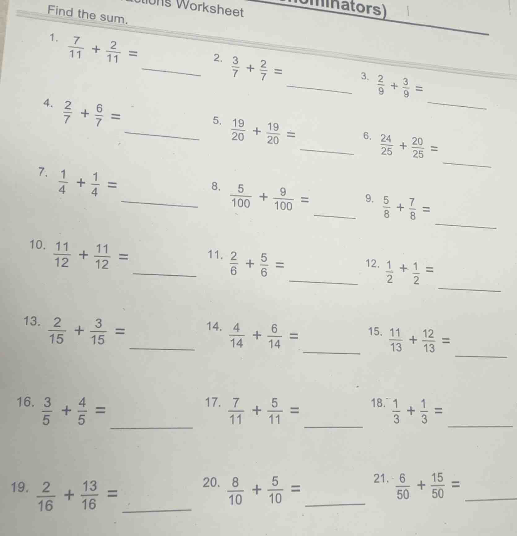 worksheet find the sum. 1. \\(\\frac{7}{11} + \\frac{2}{11} = \\underli…