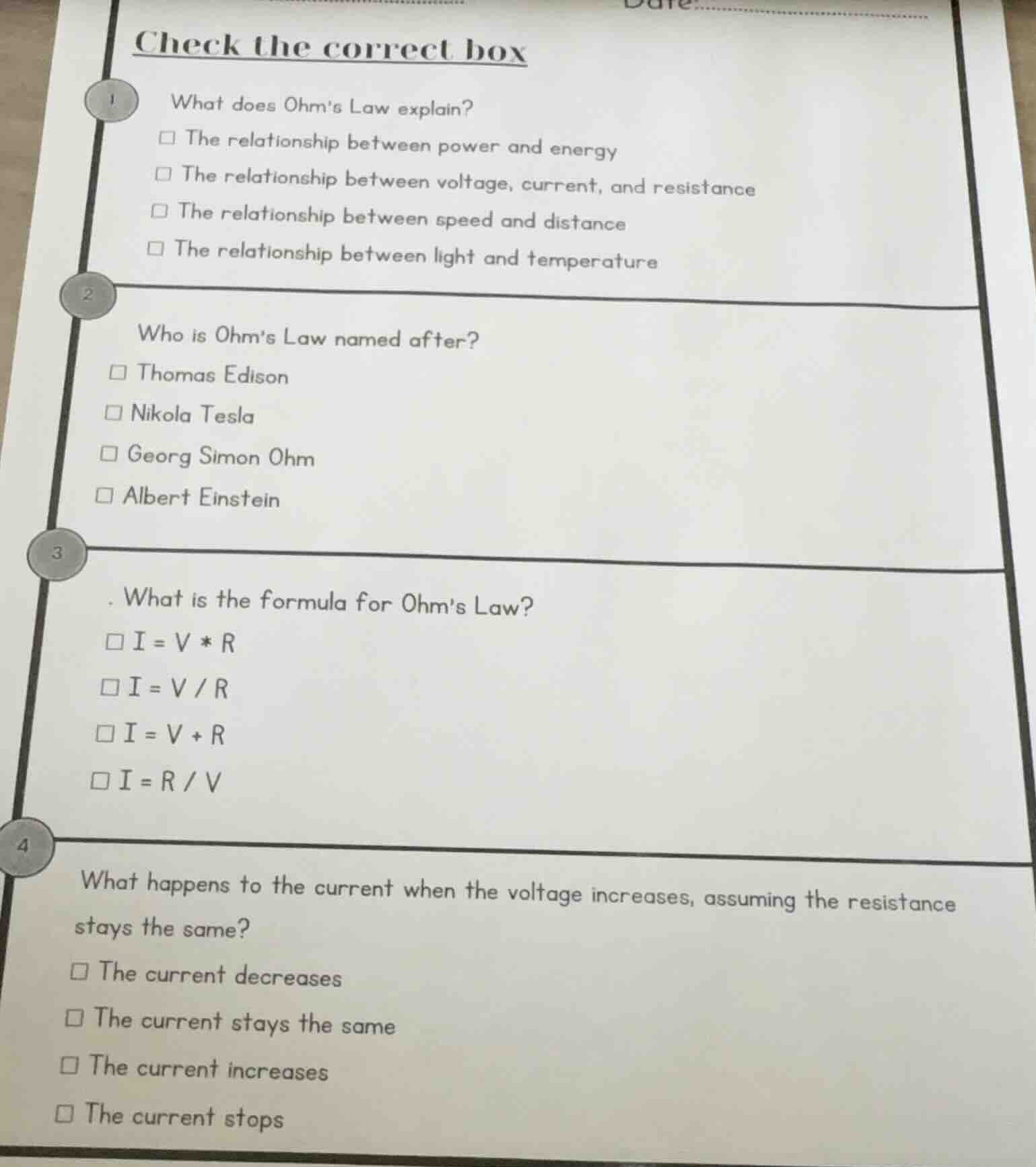 check the correct box 1 what does ohms law explain? □ the relationship …
