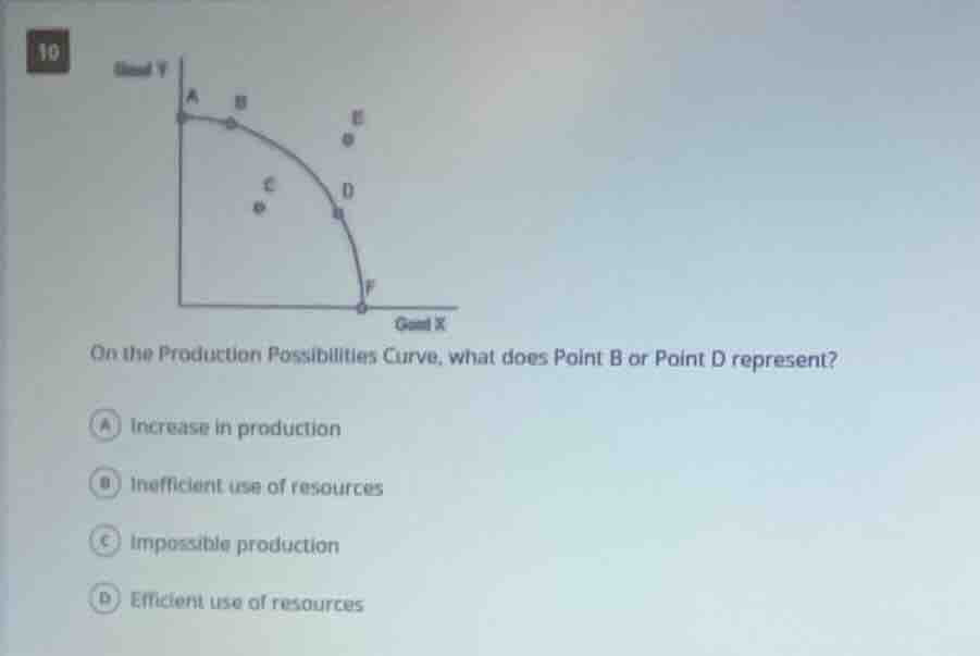 10 on the production possibilities curve, what does point b or point d …