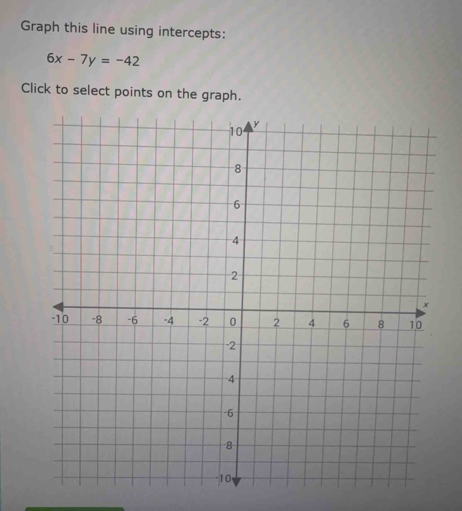 graph this line using intercepts: 6x - 7y = -42 click to select points …