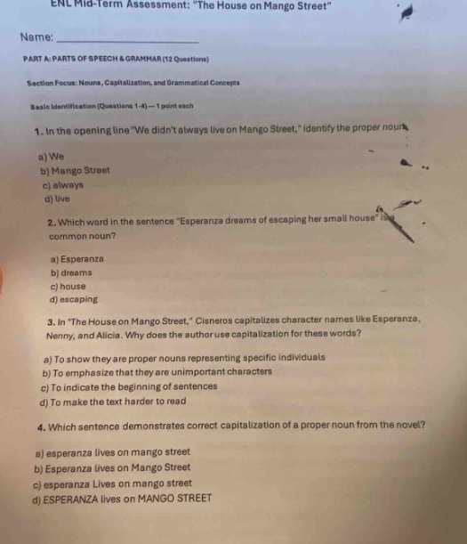 enl mid - term assessment: \the house on mango street\ name: part a: pa…