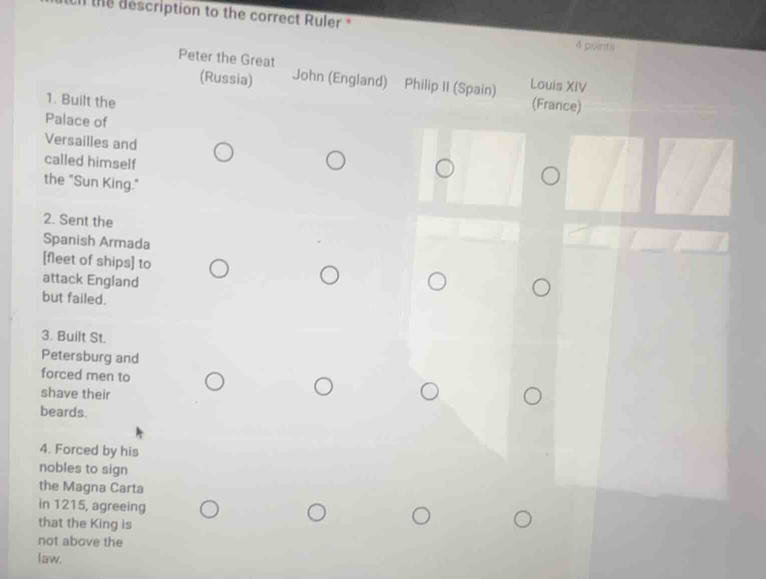 match the description to the correct ruler * 4 points peter the great (…