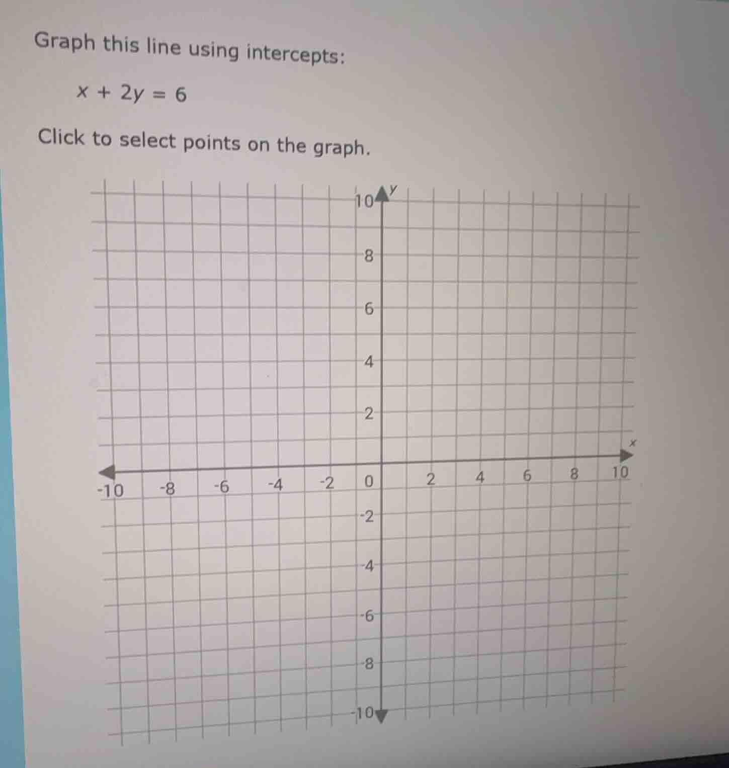 graph this line using intercepts; x + 2y = 6 click to select points on …