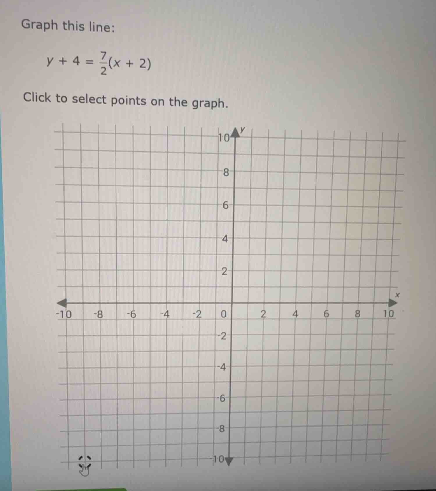 graph this line: $y + 4 = \\frac{7}{2}(x + 2)$ click to select points o…