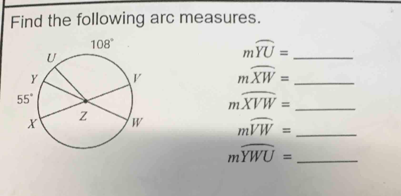 find the following arc measures. $m\\overarc{yu} = \\underline{\\quad\\…