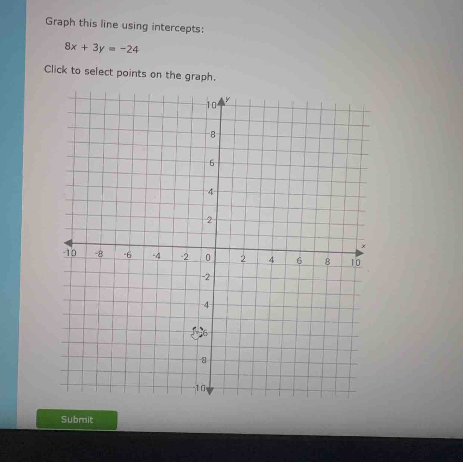graph this line using intercepts: 8x + 3y = -24 click to select points …