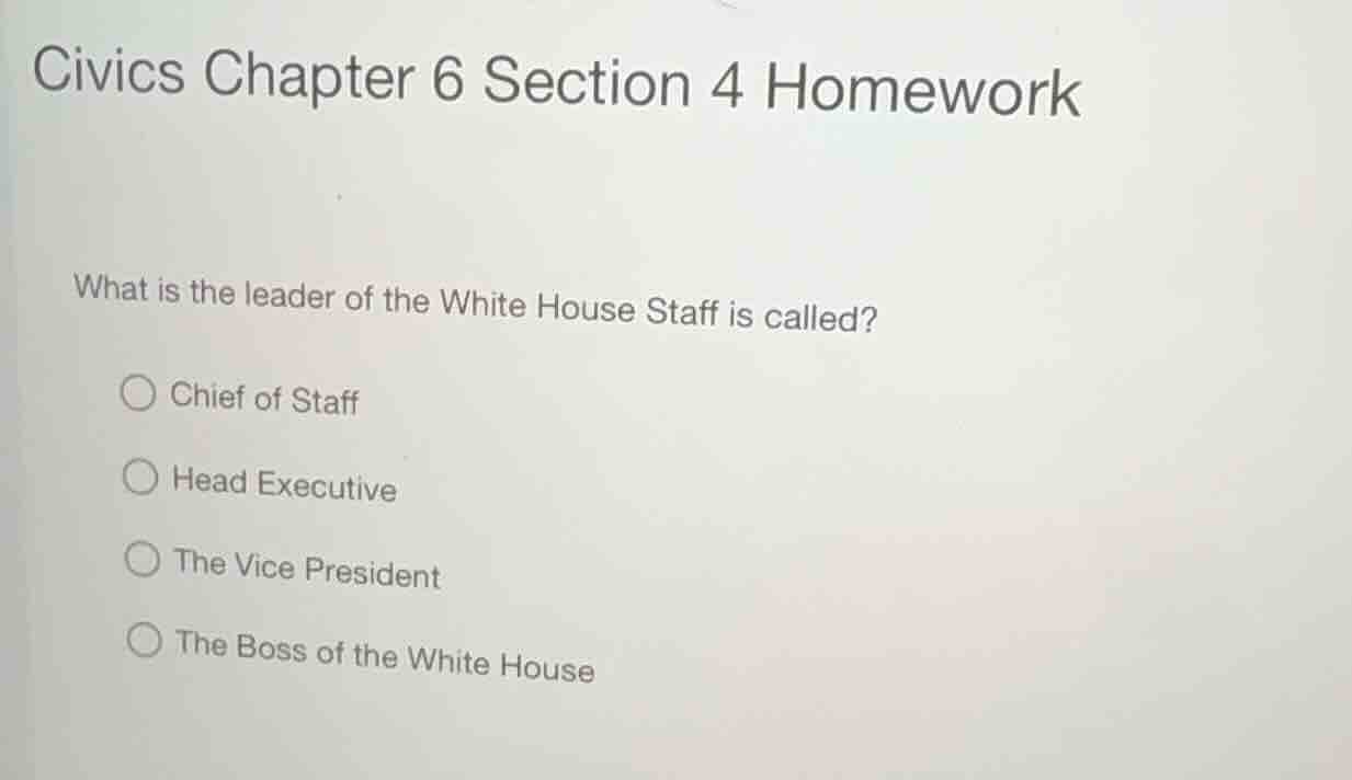 civics chapter 6 section 4 homework what is the leader of the white hou…