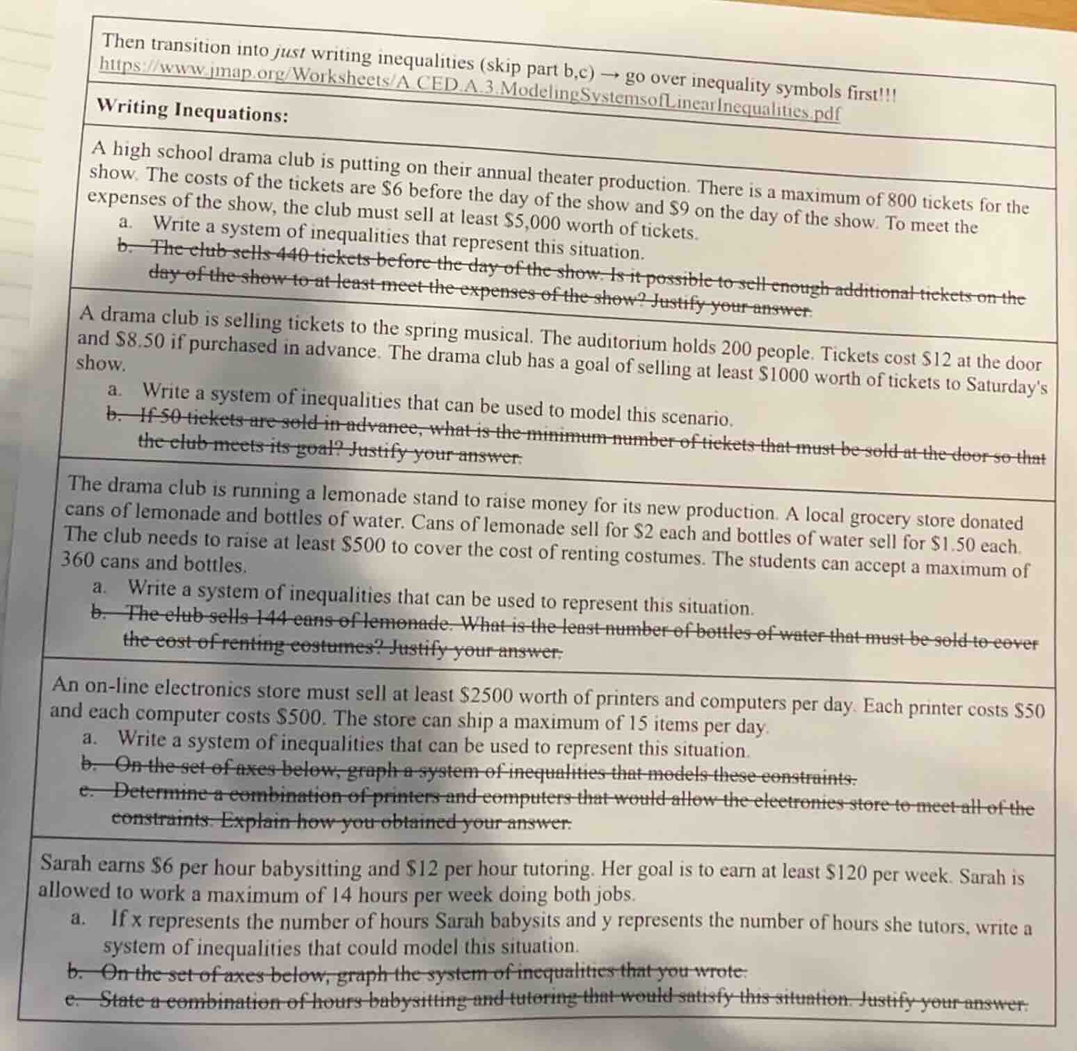 then transition into just writing inequalities (skip part b,c) → go ove…