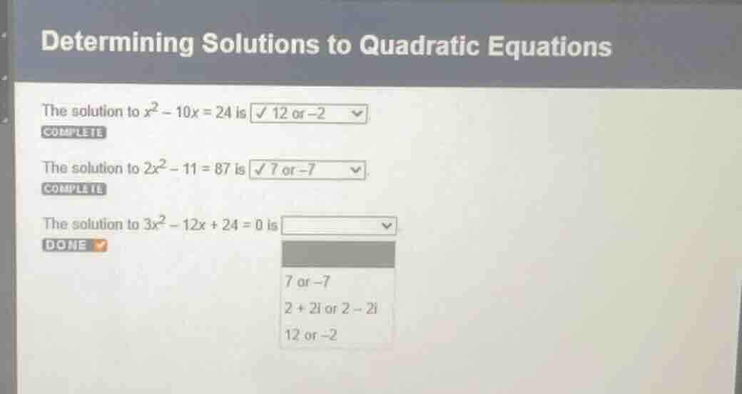 determining solutions to quadratic equations the solution to ( x^2 - 10…