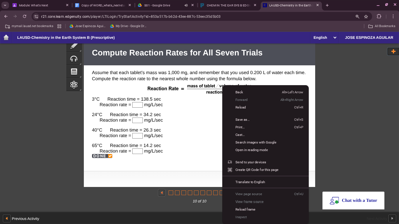 compute reaction rates for all seven trials assume that each tablets ma…