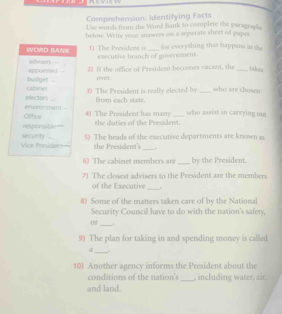 comprehension: identifying facts use words from the word bank to comple…