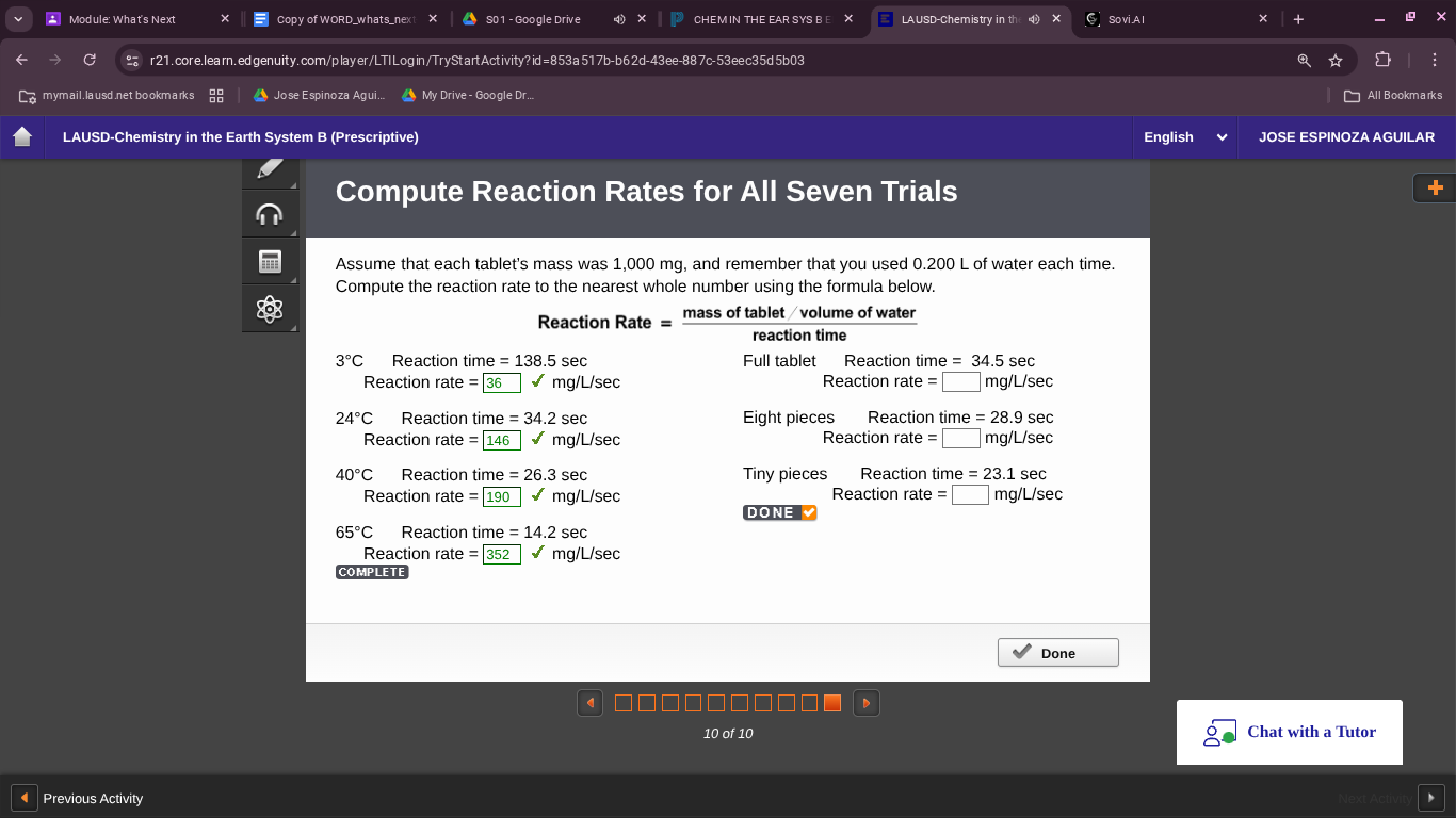 compute reaction rates for all seven trials assume that each tablets ma…