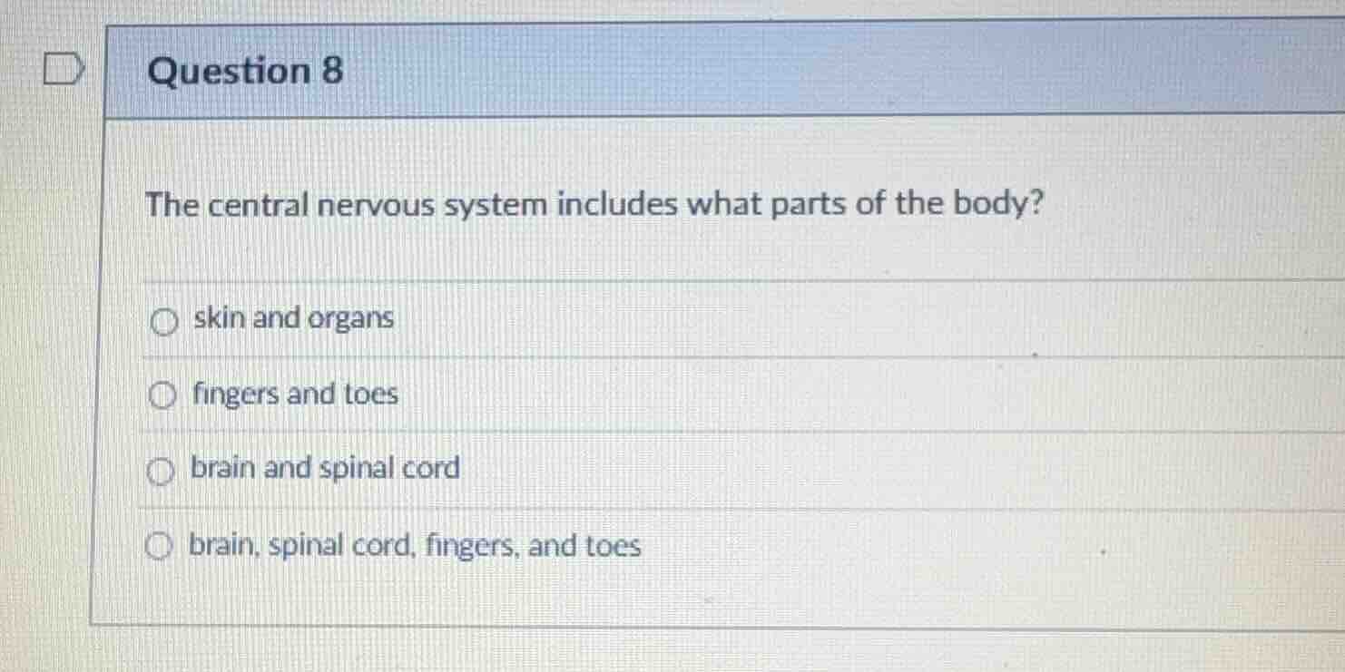 question 8 the central nervous system includes what parts of the body? …