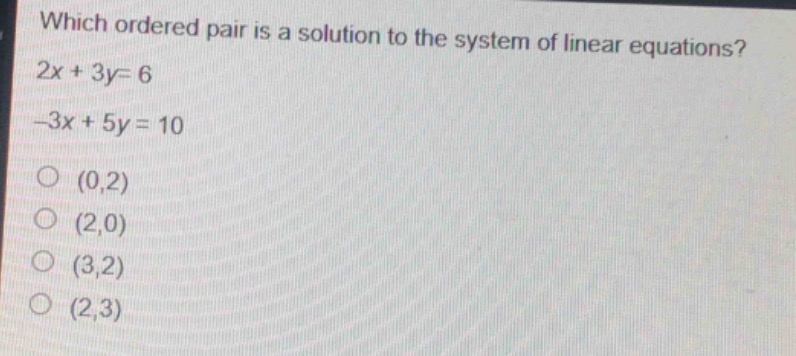 which ordered pair is a solution to the system of linear equations? $2x…