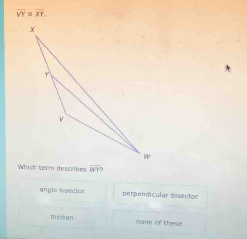$overline{vy} cong overline{xy}$. which term describes $overline{wy}$? …