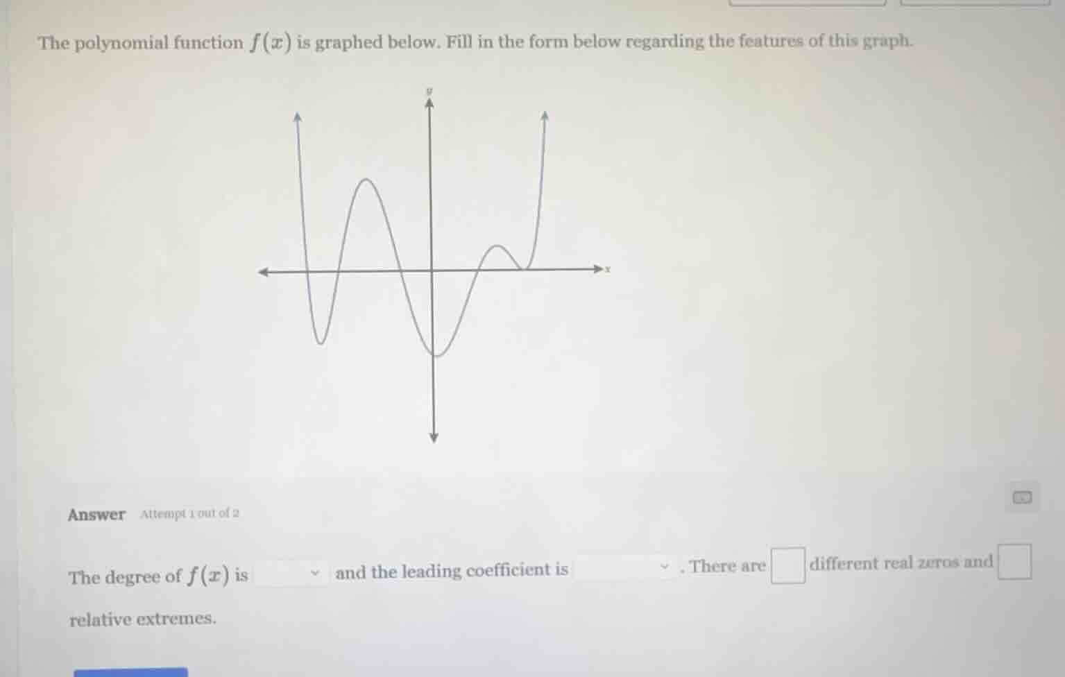 the polynomial function $f(x)$ is graphed below. fill in the form below…