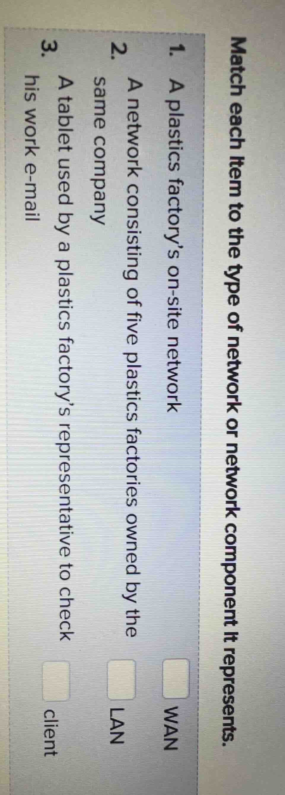 match each item to the type of network or network component it represen…