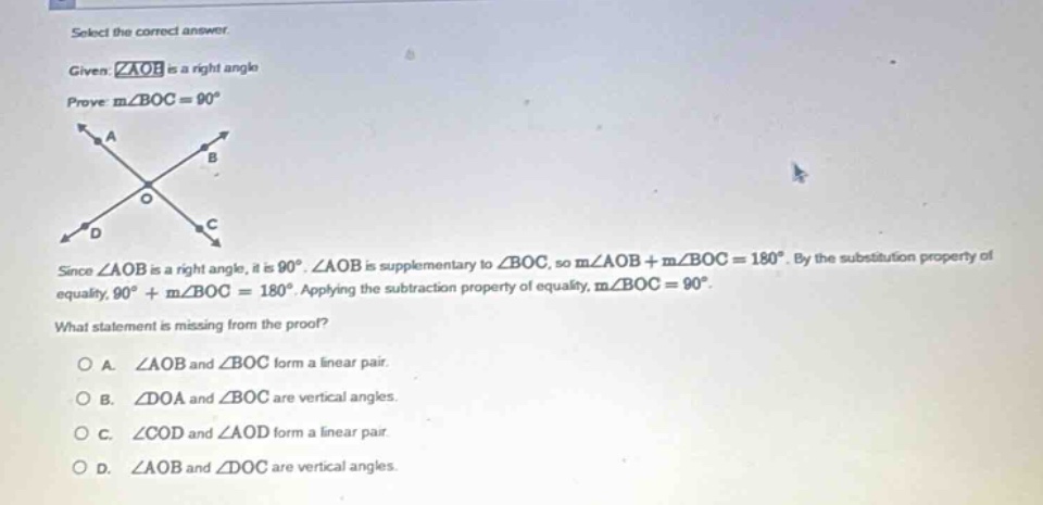 select the correct answer. given ∠aob is a right angle prove ( mangle b…