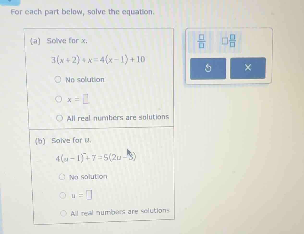 for each part below, solve the equation. (a) solve for x. 3(x+2)+x=4(x−…