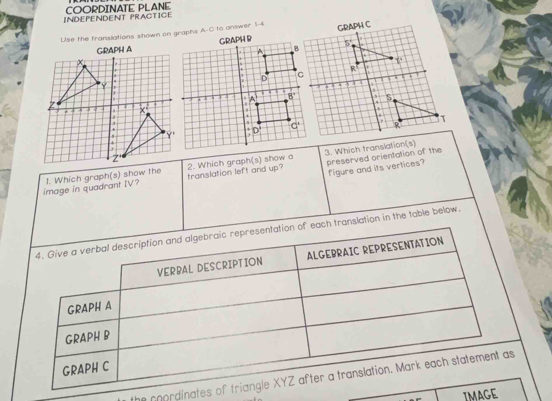 coordinate plane independent practice use the translations shown on gra…