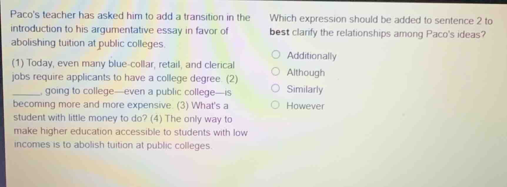 pacos teacher has asked him to add a transition in the introduction to …