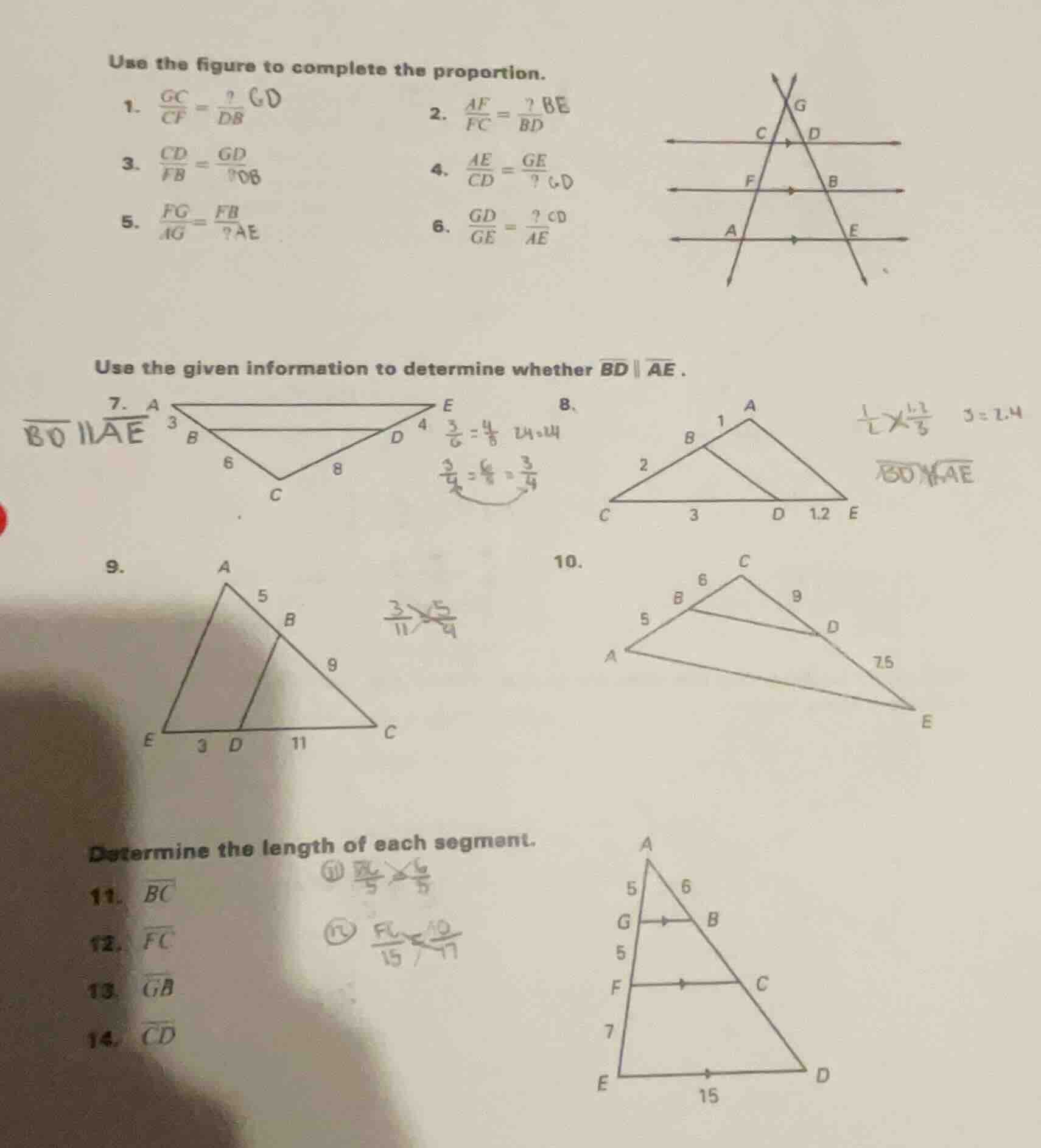 use the figure to complete the proportion. 1. \\(\\frac{gc}{cf} = \\fra…