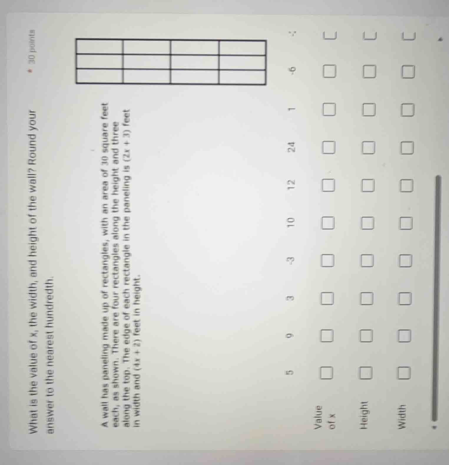 what is the value of x, the width, and height of the wall? round your a…