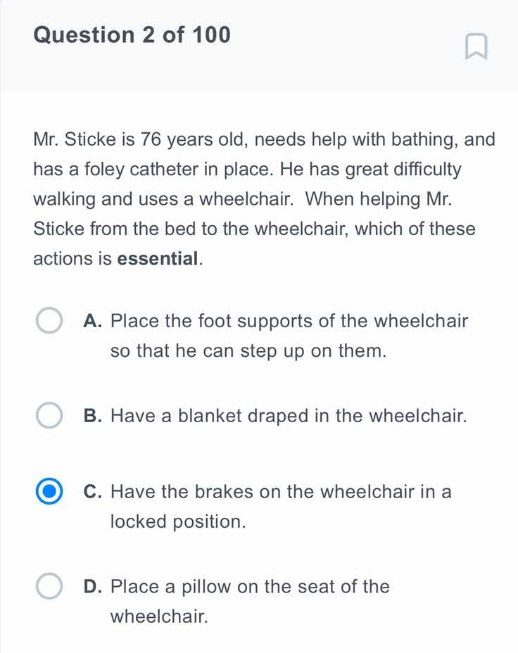 question 2 of 100 mr. sticke is 76 years old, needs help with bathing, …