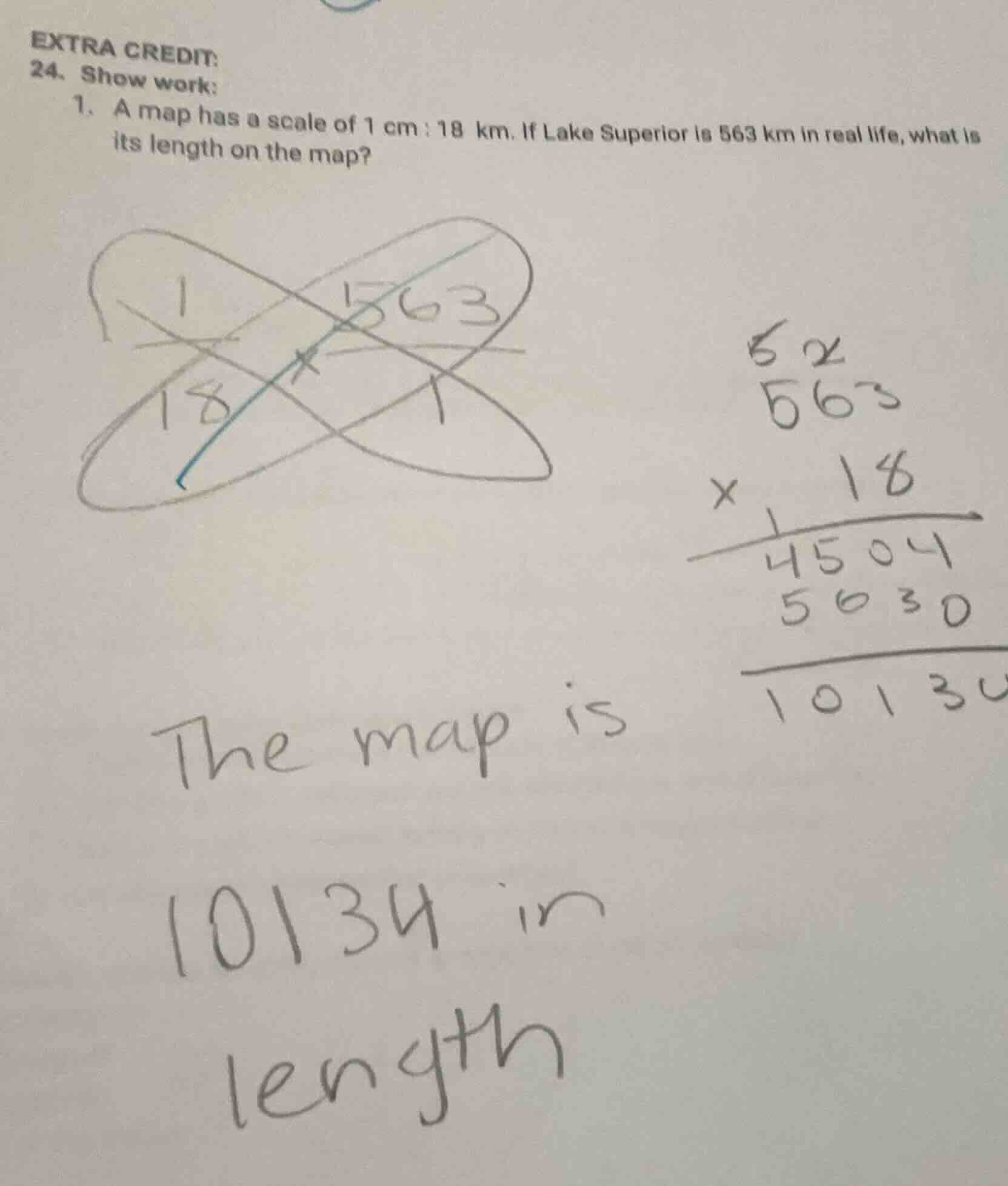 extra credit: 24. show work: 1. a map has a scale of 1 cm : 18 km. if l…