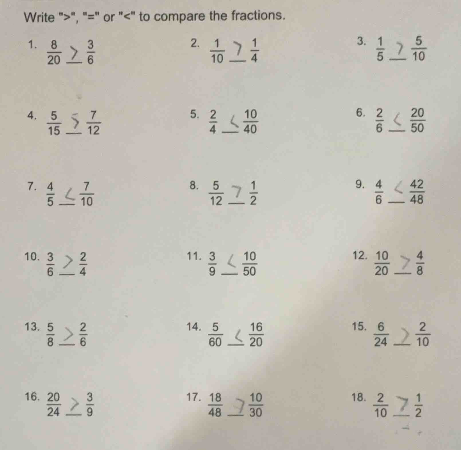 write \>\ , \=\ or \<\ to compare the fractions. 1. \\(\\frac{8}{20}\\)…