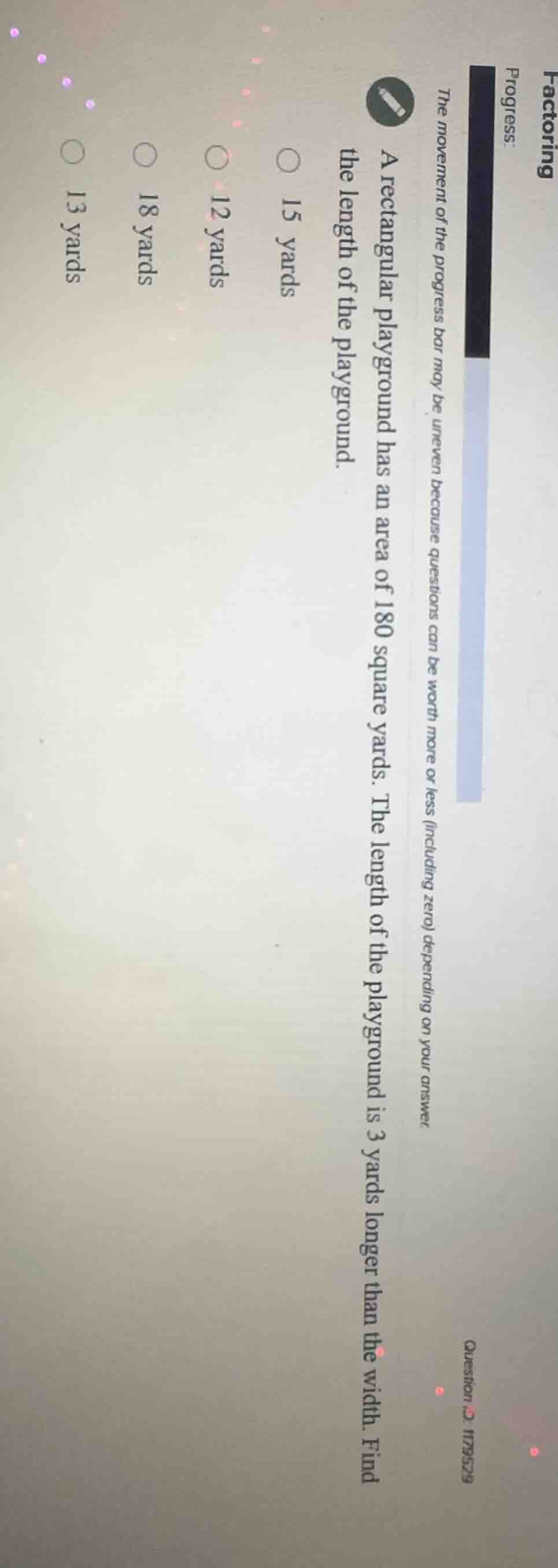 a rectangular playground has an area of 180 square yards. the length of…
