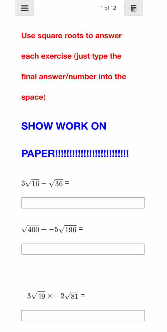 use square roots to answer each exercise (just type the final answer/nu…