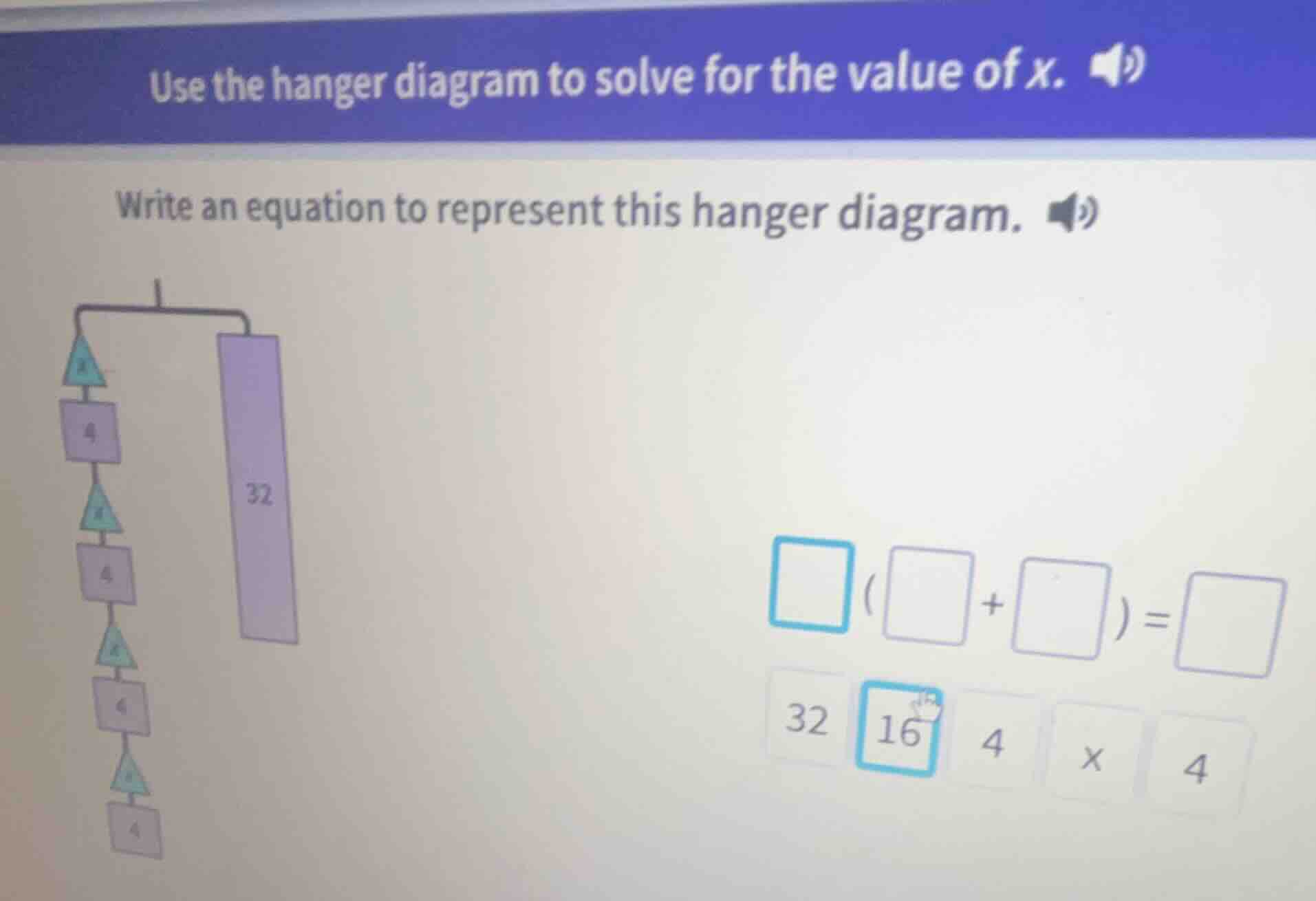 use the hanger diagram to solve for the value of x. write an equation t…