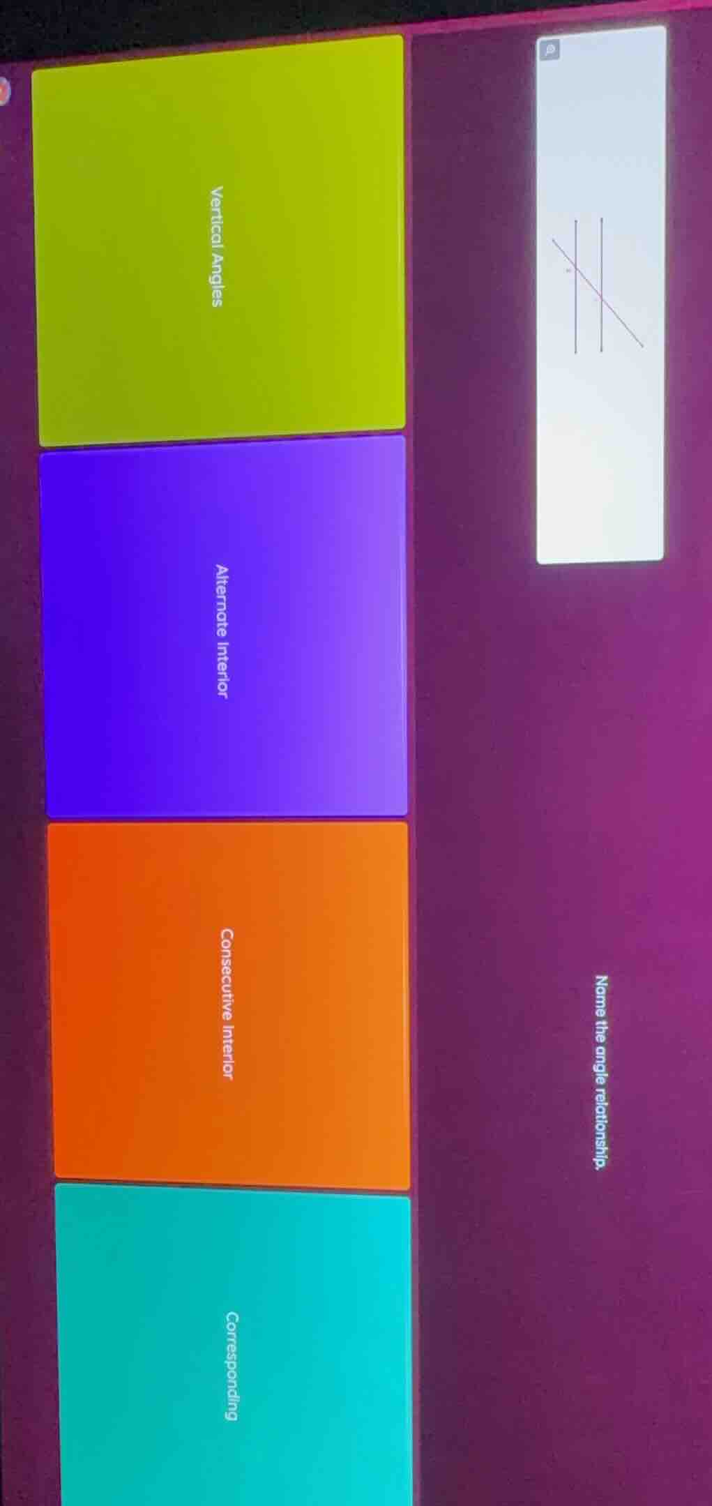 name the angle relationship. vertical angles alternate interior consecu…