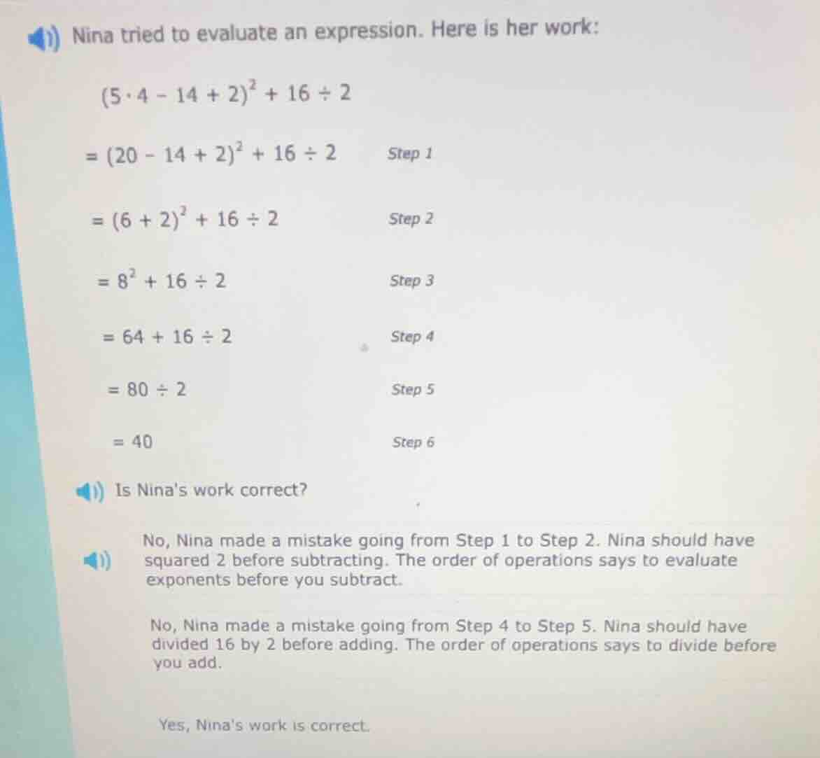 nina tried to evaluate an expression. here is her work: $(5\\cdot 4 - 1…