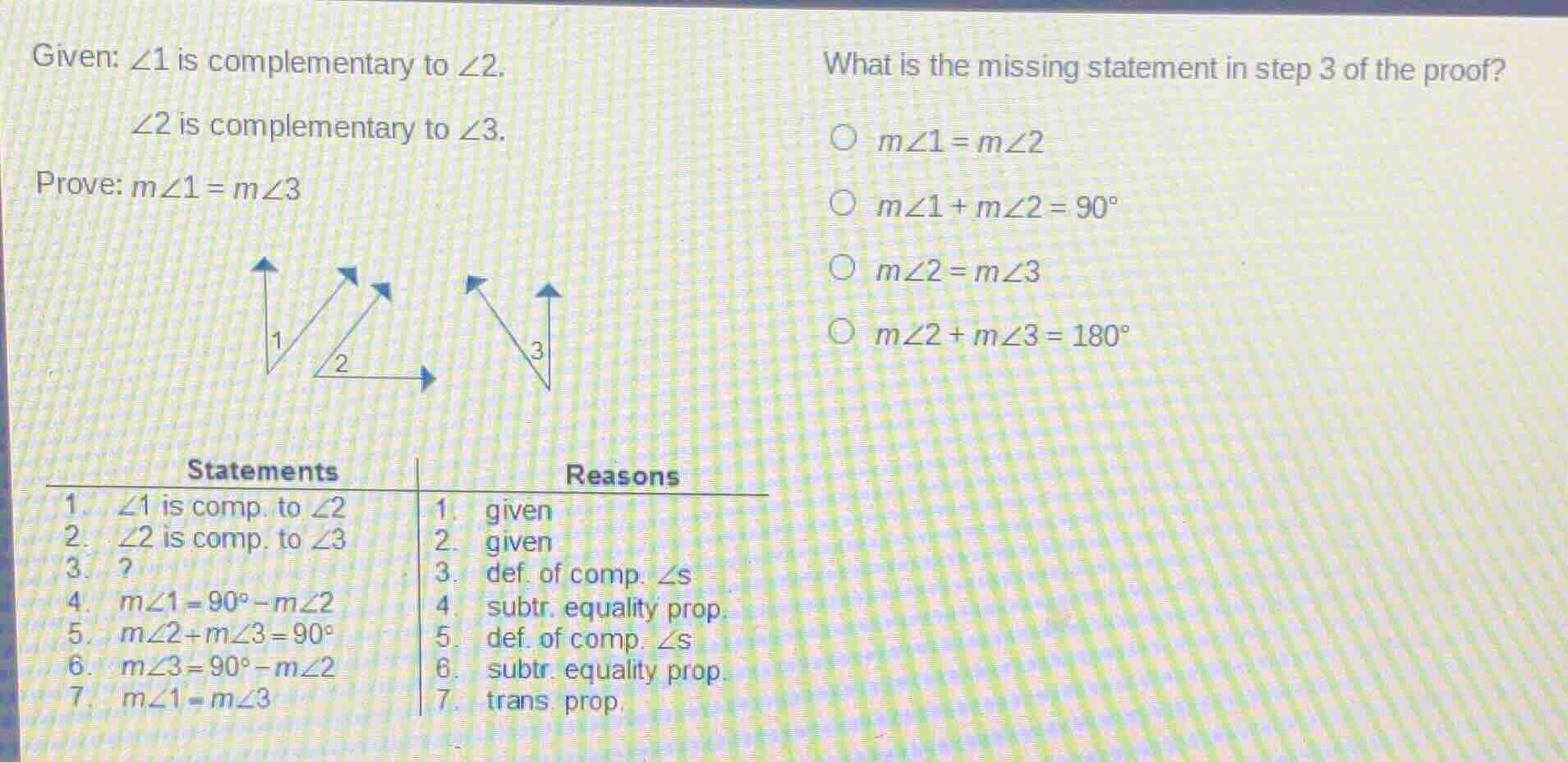 given: ∠1 is complementary to ∠2. ∠2 is complementary to ∠3. prove: ( m…